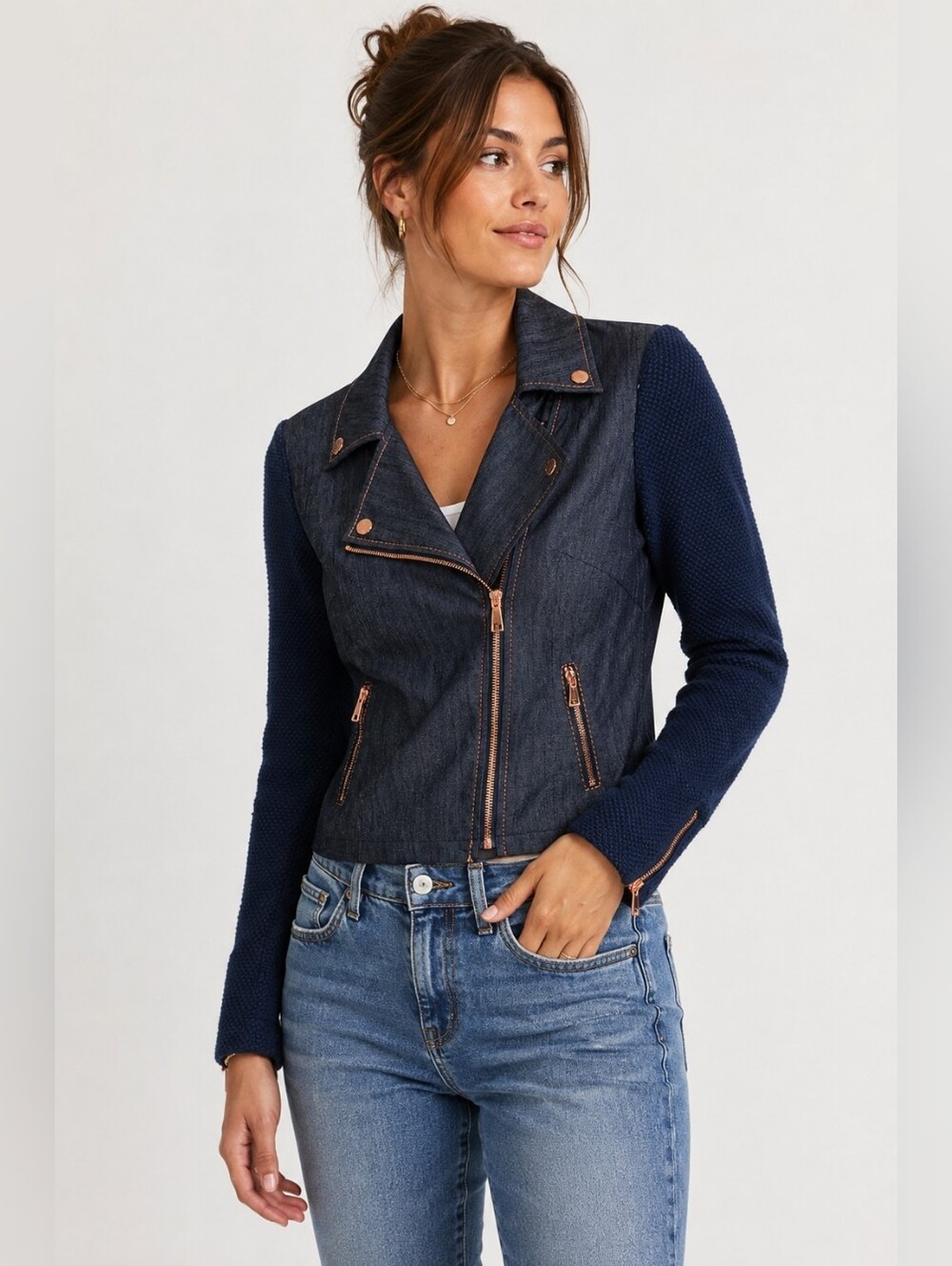 Adolfo Dominguez Denim Moto Jacket Navy Knit Sleeves Rose Gold Zip Size 2 / 36